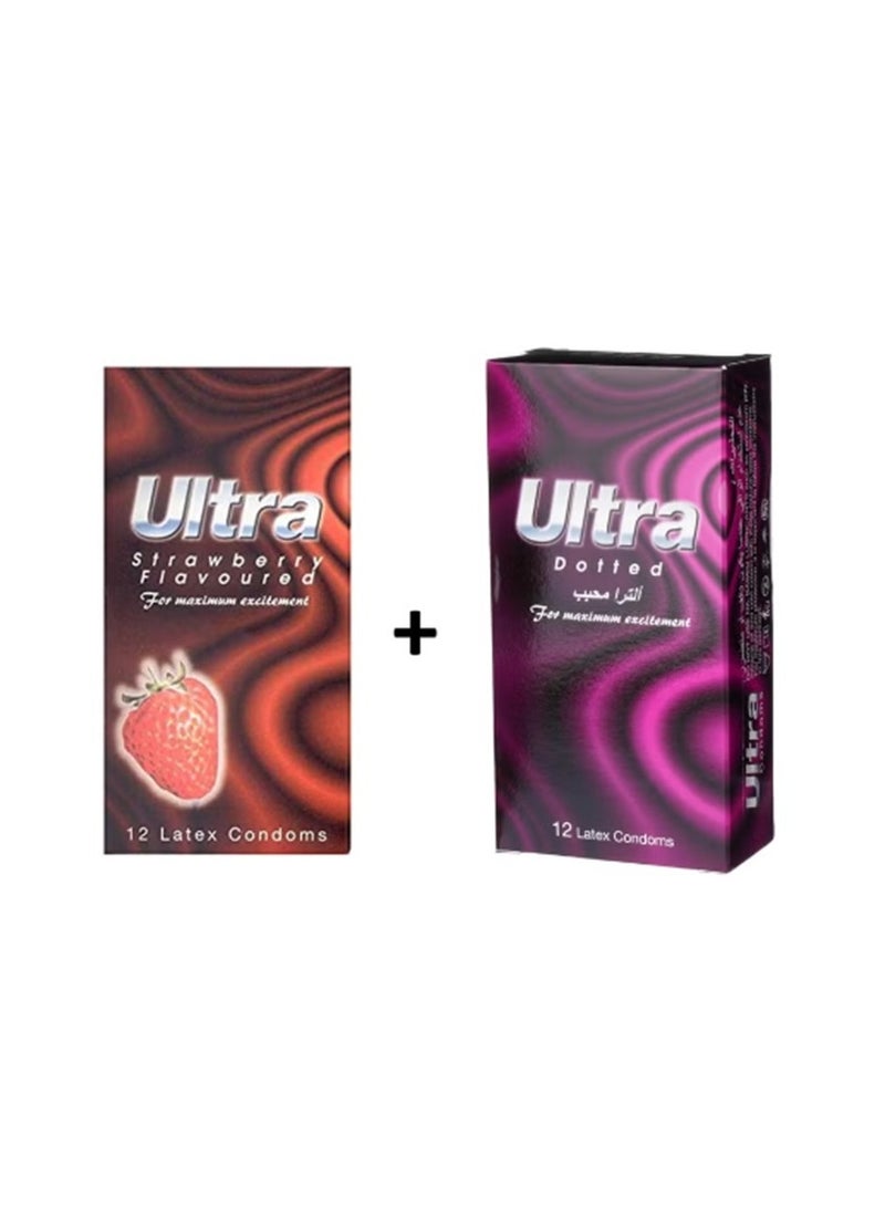 Ultra active 12 Piece Dotted Lubricated Condom Set and 12 Piece Ribbed Strawberry Flavoured Condoms - Image 1