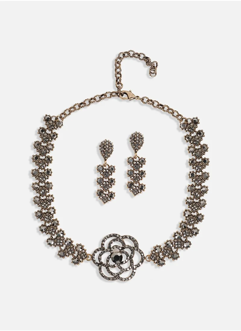 SOHI Rose Crystal Jewellery Set - Dark Silver-Colour