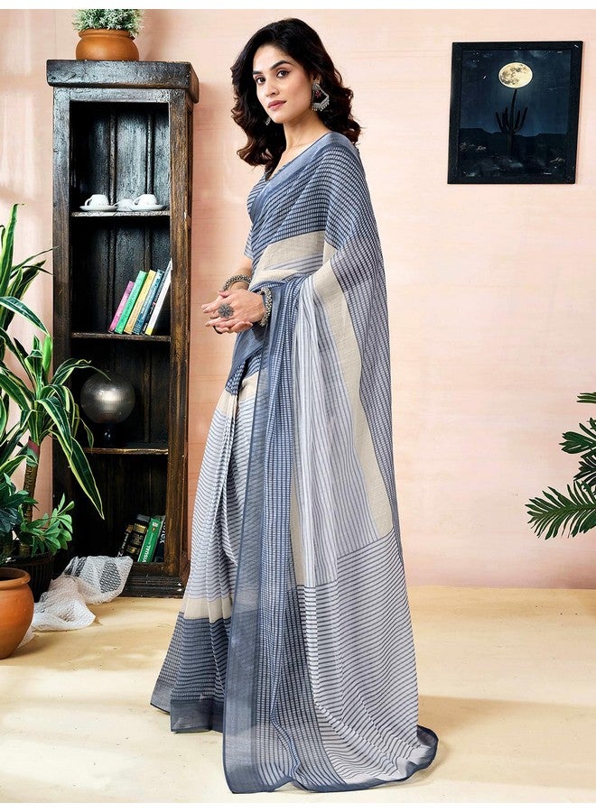 Satrani Women's Linen Printed & Zari Border Ready To Wear With Pocket Saree with Unstitched Blouse Piece (45RS414_Grey & White) - Image 2