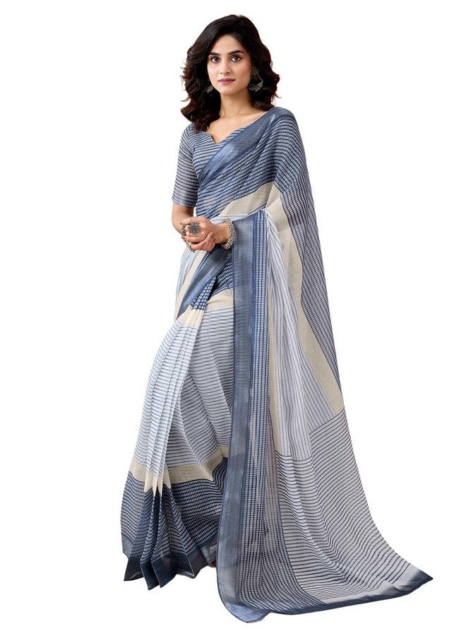 Satrani Women's Linen Printed & Zari Border Ready To Wear With Pocket Saree with Unstitched Blouse Piece (45RS414_Grey & White) - Image 1