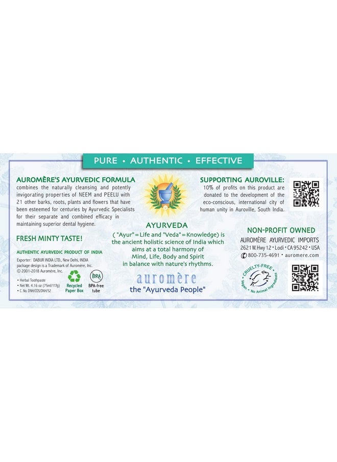 Auromere - Auromere Ayurvedic Herbal Toothpaste, Fresh Mint - Vegan, Natural, Non GMO, Fluoride Free, Gluten Free, with Neem & Peelu (4.16 oz), 1 Pack - Image 1