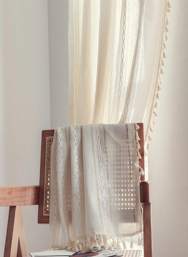 Deeprove White Boho Window Curtains for Bedroom 84 Inches Long, Bohemian Chic Textured Embroidery Overlapping, Vintage Handmade Tassels Country Decor Drapery, Rod Pocket, 1 Panel W52 x L84 - Image 4