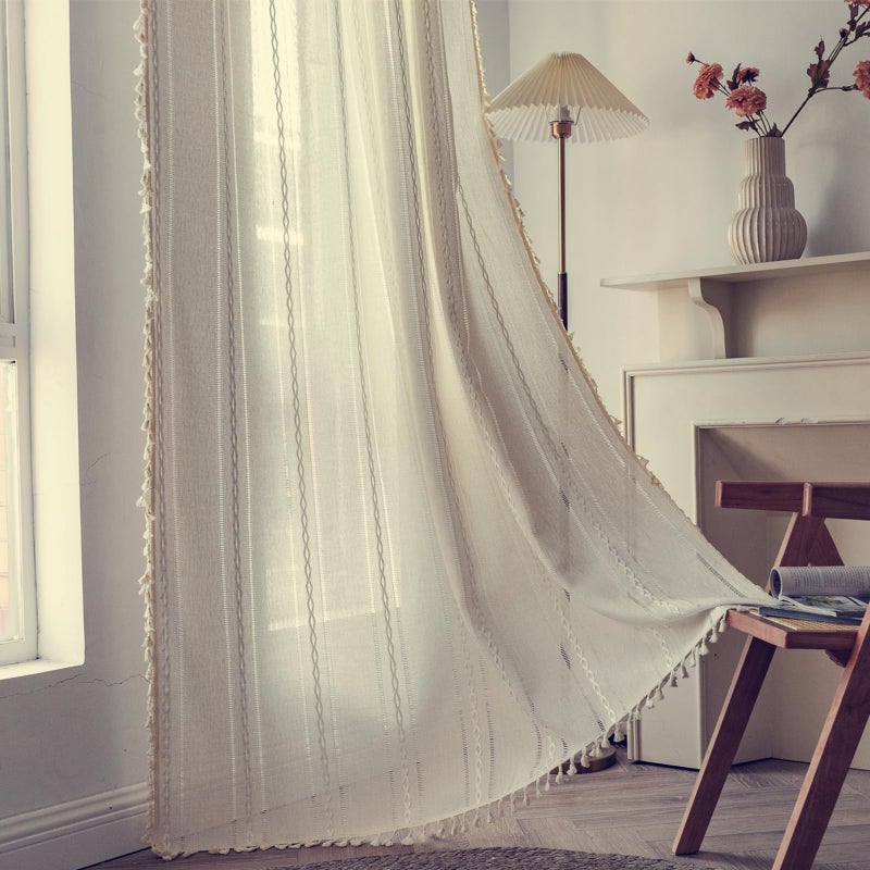 Deeprove White Boho Window Curtains for Bedroom 84 Inches Long, Bohemian Chic Textured Embroidery Overlapping, Vintage Handmade Tassels Country Decor Drapery, Rod Pocket, 1 Panel W52 x L84 - Image 1