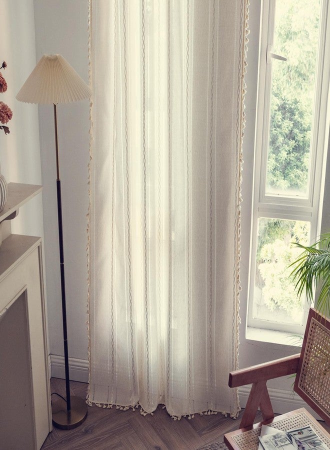 Deeprove White Boho Window Curtains for Bedroom 84 Inches Long, Bohemian Chic Textured Embroidery Overlapping, Vintage Handmade Tassels Country Decor Drapery, Rod Pocket, 1 Panel W52 x L84 - Image 5