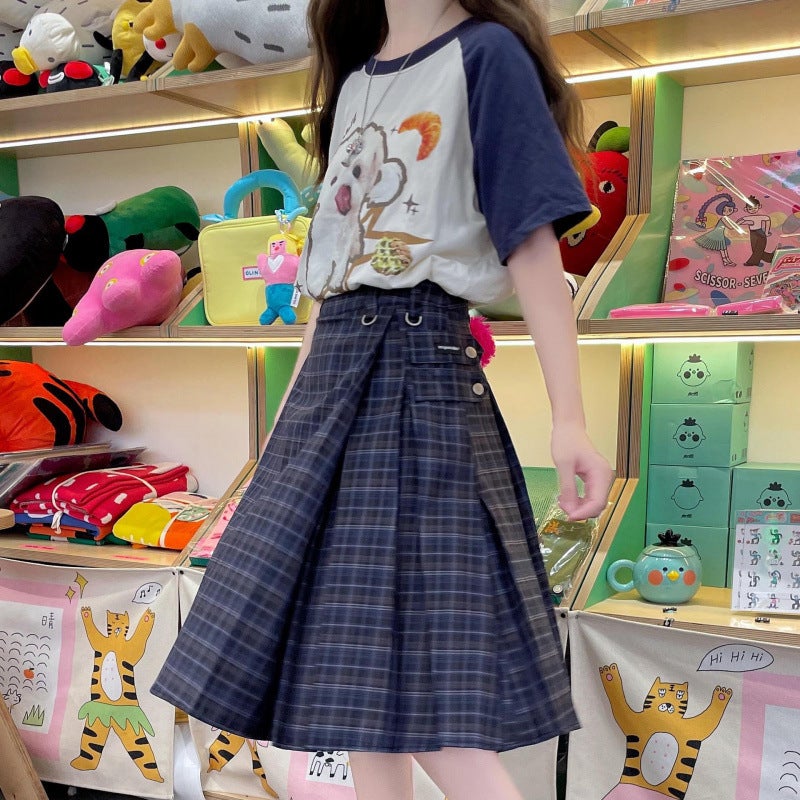 25 New Summer Soft Girl Plaid High-Waisted Slim Pleated Skirt Slimming Look Preppy Style High-Waisted A-Line Skirt Umbrella Blue Blue 