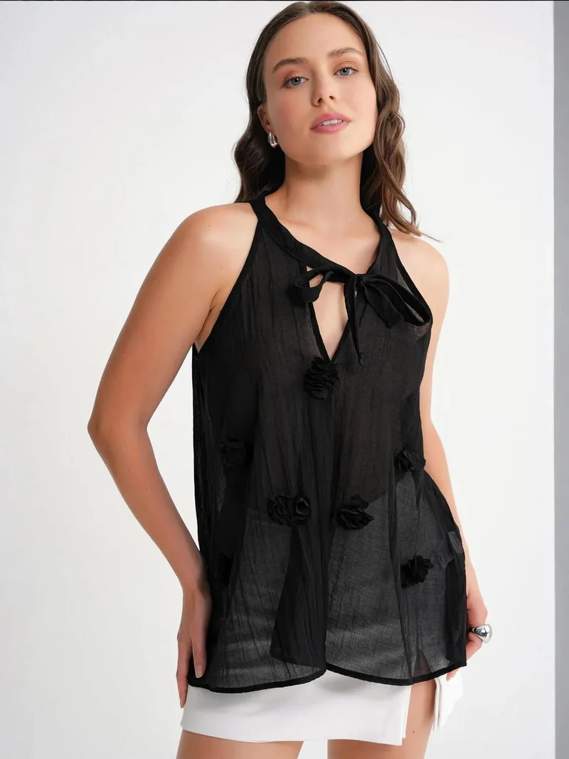 MixRay Black Mixray V-Neck Tie Closure Ruffle Blouse for Women | Best Price UAE