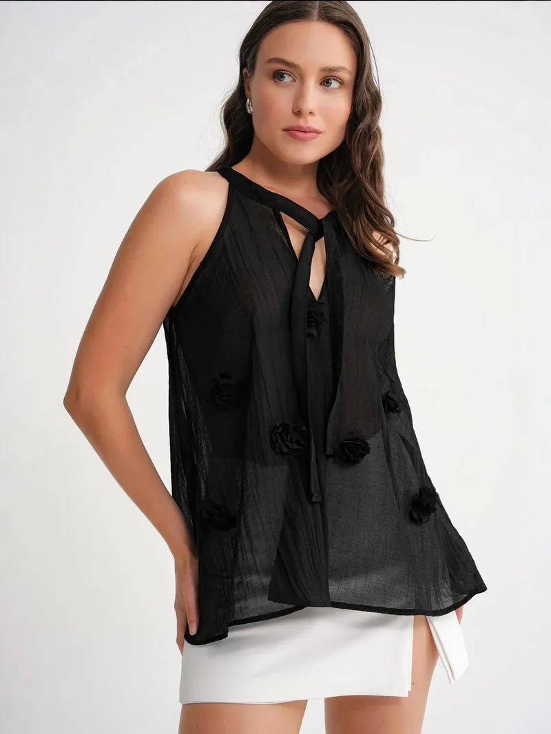 MixRay Black Mixray V-Neck Tie Closure Ruffle Blouse for Women | Best Price UAE