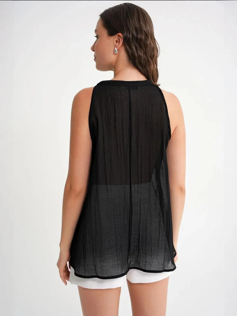 Mixray Black Mixray V-Neck Tie Closure Ruffle Blouse for Women | Best Price UAE