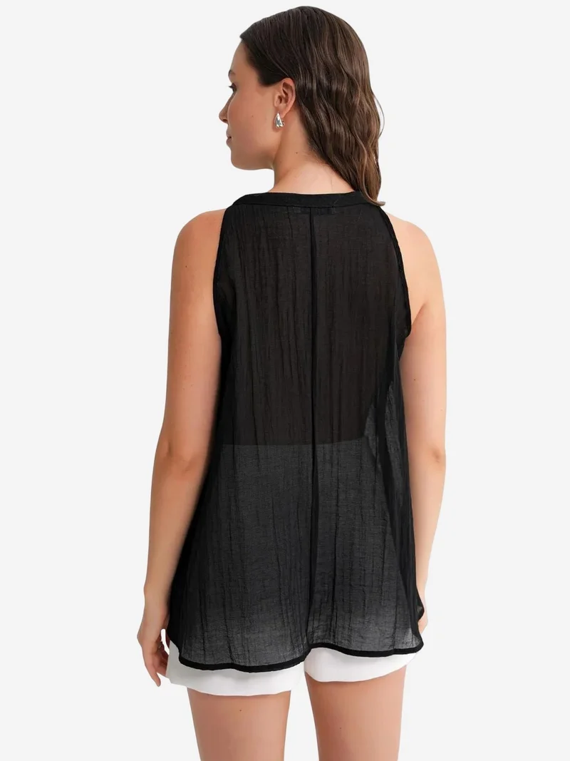 Mixray Black Mixray V-Neck Tie Closure Ruffle Blouse for Women | Best Price UAE