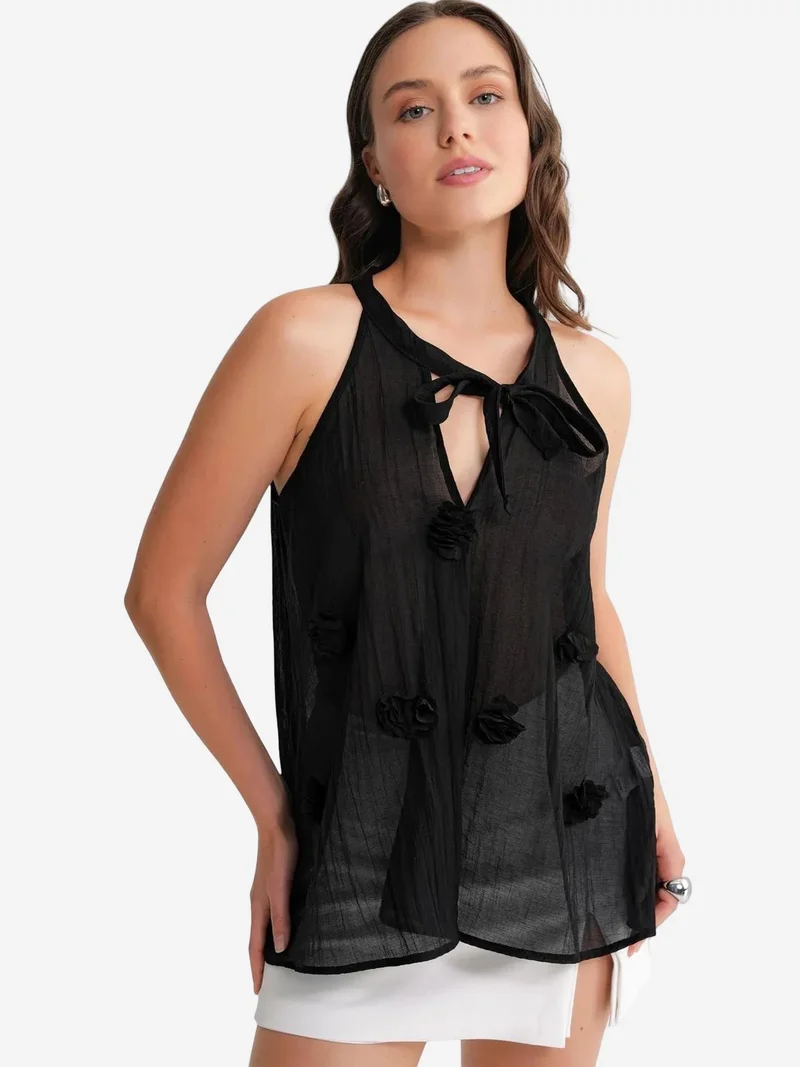 Mixray Black Mixray V-Neck Tie Closure Ruffle Blouse for Women | Best Price UAE