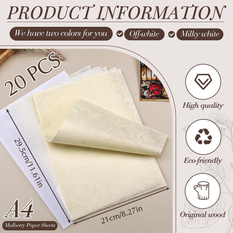 GarfxG A4 Mulberry Paper 20 Sheets Natural Rice Paper for Decoupage, Writing, Painting, Printing, Decorative, Card Making, Art Crafts DIY Gift Wrap -Off-White Color - Image 2