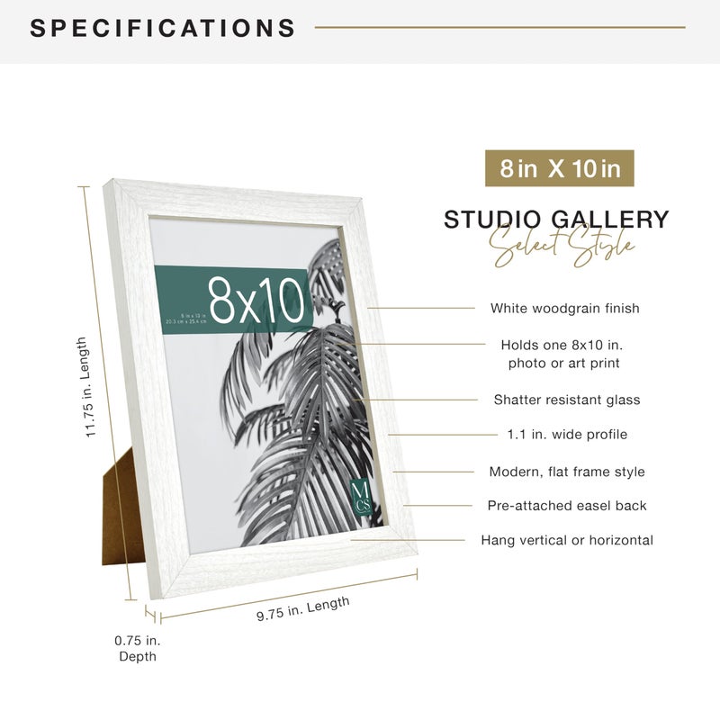 MCS Studio Gallery 8x10 Picture Frame White Woodgrain Engineered Wood, Vertical & Horizontal Wall Hanging & Easel for Tapletop Display, Rectangle Photo Frame for Photos, Posters & Art Prints (1-Pack) - Image 4