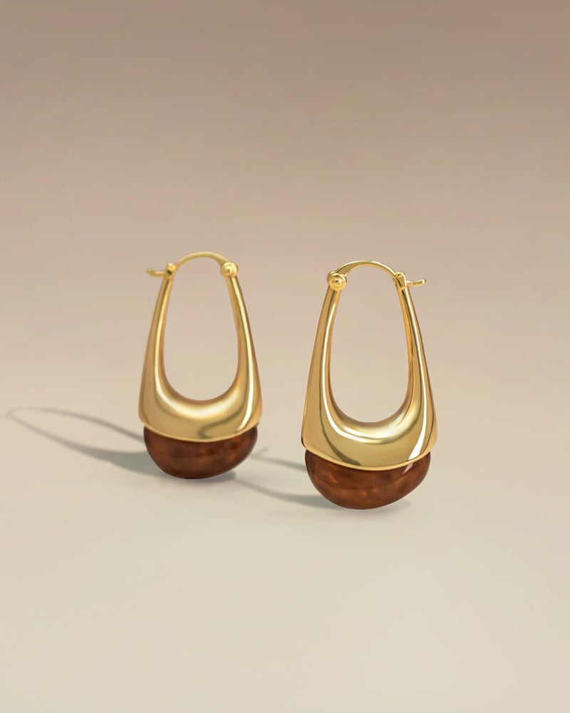 SNGIA Long Oval Chunky Dangle 18K gold plated Hoops with Colored Resin Gemstone Statement Earrings for Women by SNGIA, (Green, Brown, Blue, Pink, White, Cream), Bold Drop Handmade Exaggerated Irregular Trendy Bohemian Jewelry Gifts, Unique Dangling Teardrop Baroque Stone Summer Beach Fashion Earrings Accessories, Round Vintage Thick Circular Nickle Free Huggies Hoop Earrings. (Brown) - Image 4