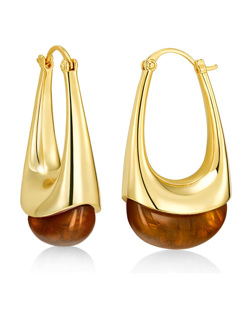 SNGIA Long Oval Chunky Dangle 18K gold plated Hoops with Colored Resin Gemstone Statement Earrings for Women by SNGIA, (Green, Brown, Blue, Pink, White, Cream), Bold Drop Handmade Exaggerated Irregular Trendy Bohemian Jewelry Gifts, Unique Dangling Teardrop Baroque Stone Summer Beach Fashion Earrings Accessories, Round Vintage Thick Circular Nickle Free Huggies Hoop Earrings. (Brown) - Image 1