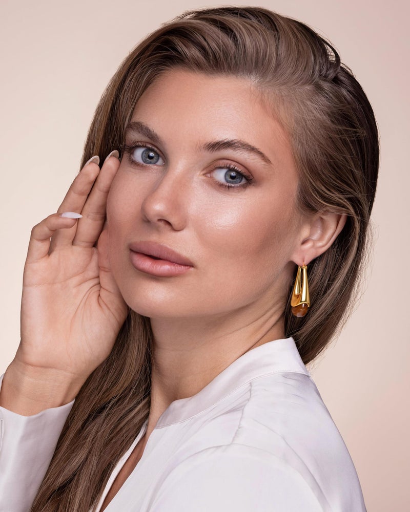 SNGIA Long Oval Chunky Dangle 18K gold plated Hoops with Colored Resin Gemstone Statement Earrings for Women by SNGIA, (Green, Brown, Blue, Pink, White, Cream), Bold Drop Handmade Exaggerated Irregular Trendy Bohemian Jewelry Gifts, Unique Dangling Teardrop Baroque Stone Summer Beach Fashion Earrings Accessories, Round Vintage Thick Circular Nickle Free Huggies Hoop Earrings. (Brown) - Image 3