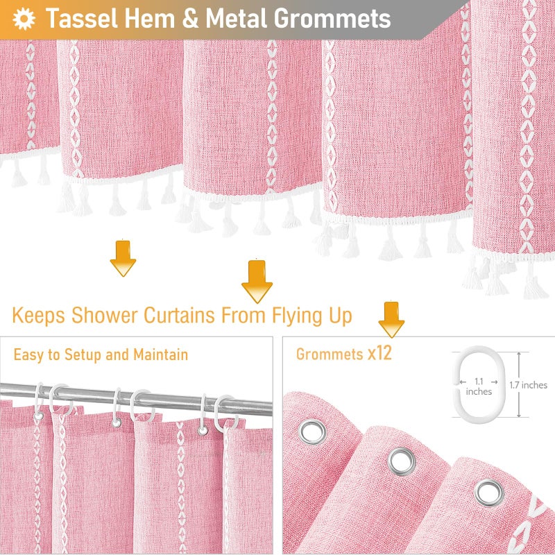 BTTN Extra Long Shower Curtain  96 Inch Long Boho Farmhouse Striped Shower Curtain Set with Tassel  Large Shabby Chic Water Resistant Shower Curtain for Bathroom with Hooks  72x96  Pink/Blush - Image 4