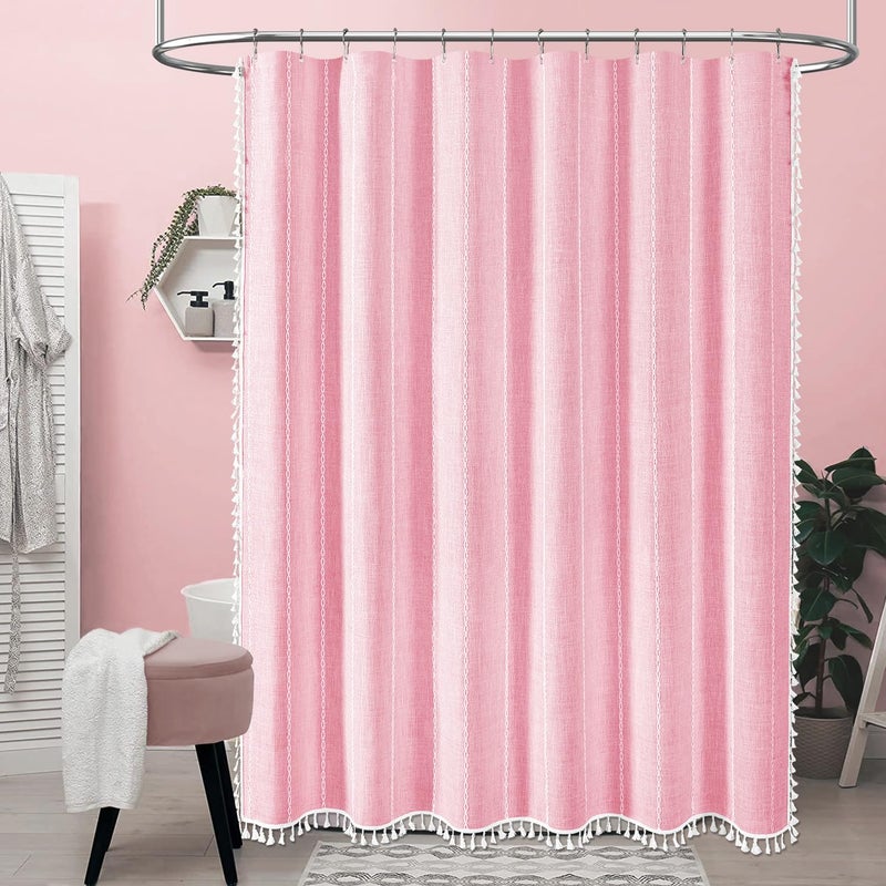 BTTN Extra Long Shower Curtain  96 Inch Long Boho Farmhouse Striped Shower Curtain Set with Tassel  Large Shabby Chic Water Resistant Shower Curtain for Bathroom with Hooks  72x96  Pink/Blush - Image 1