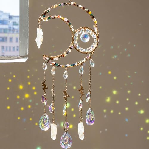 Dreamsum Handmade Sun Catcher Rainbow Maker with Moon Shape Natural Color Stones and Various Crystal Shapes Unique Crystal Decoration for Home or as a Gift Stunning Light Refraction and Colorful Display - Image 1