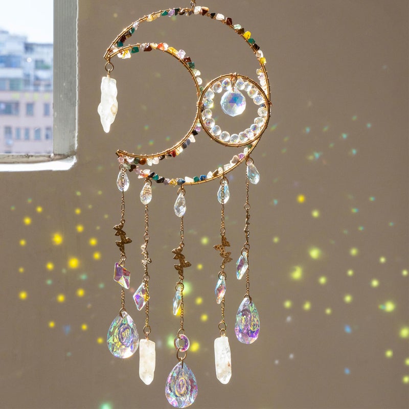 Dreamsum Handmade Sun Catcher Rainbow Maker with Moon Shape Natural Color Stones and Various Crystal Shapes Unique Crystal Decoration for Home or as a Gift Stunning Light Refraction and Colorful Display - Image 2