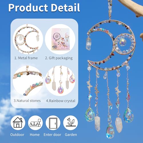 Dreamsum Handmade Sun Catcher Rainbow Maker with Moon Shape Natural Color Stones and Various Crystal Shapes Unique Crystal Decoration for Home or as a Gift Stunning Light Refraction and Colorful Display - Image 3