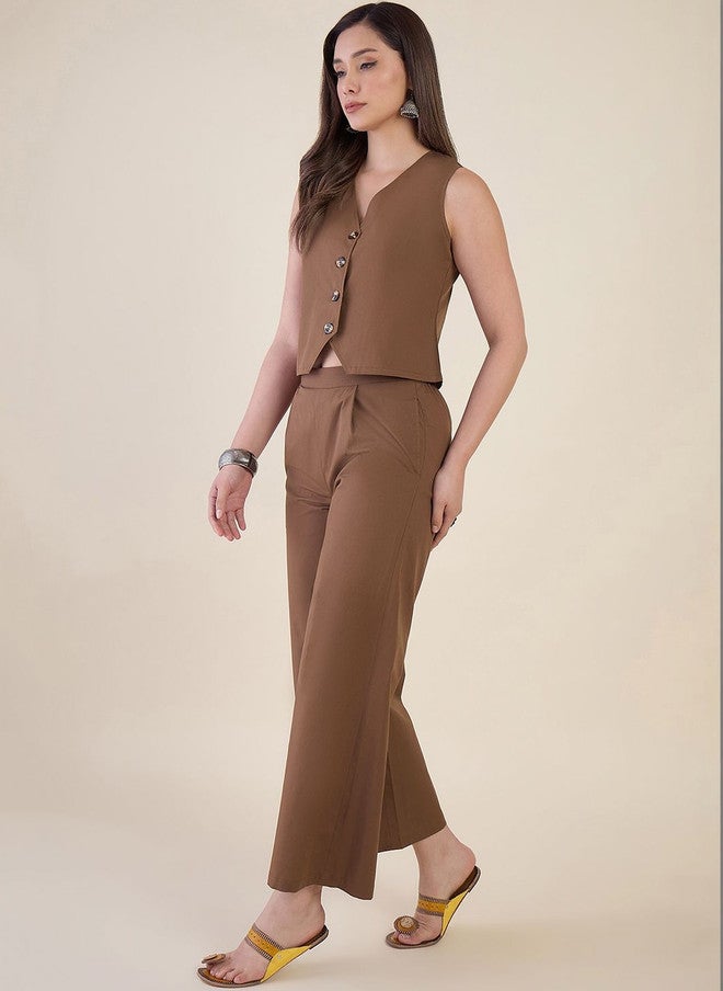 WineRed Brown Cotton Solid Vest Top and Palazzos Set - Image 2