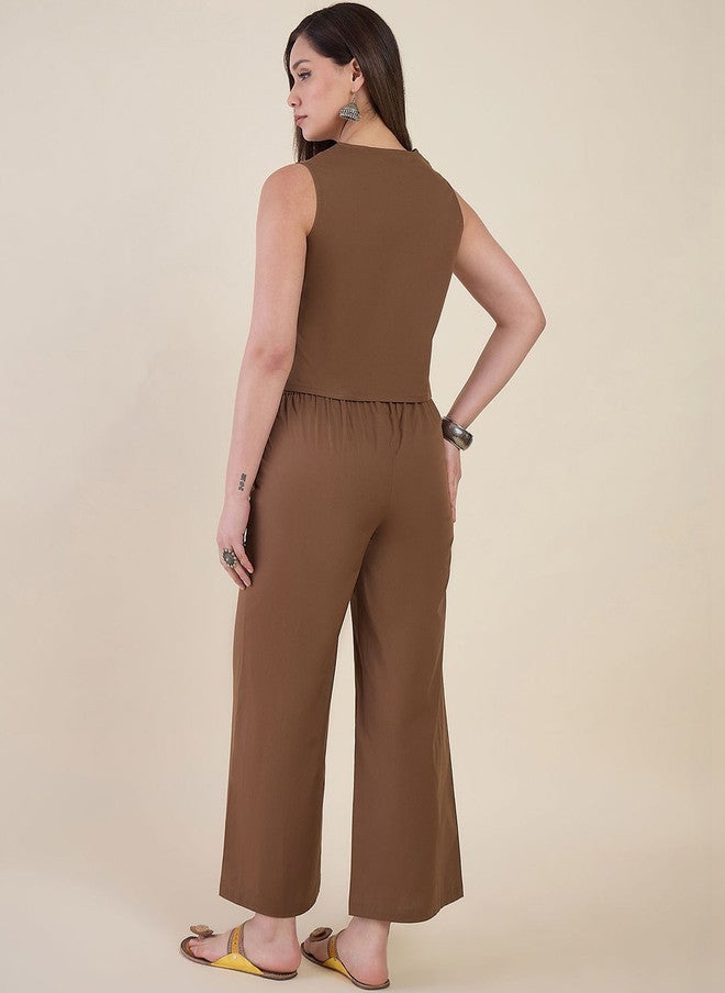 WineRed Brown Cotton Solid Vest Top and Palazzos Set - Image 3
