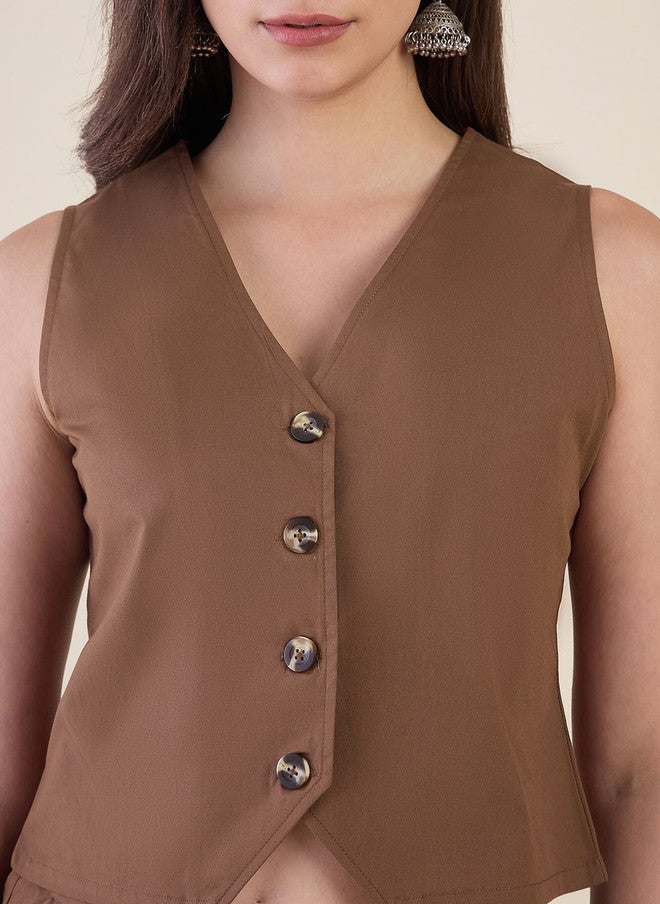 WineRed Brown Cotton Solid Vest Top and Palazzos Set - Image 5