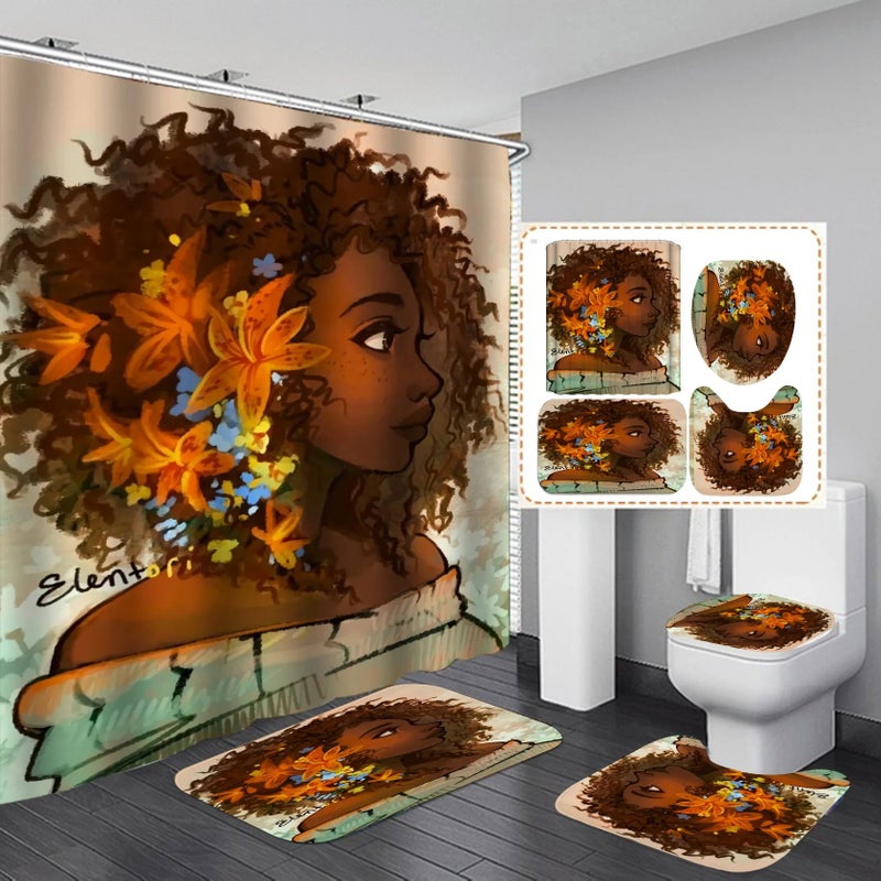 Y&D New 3D Print Black Women Art African American Style Bathroom Sets, Shower Curtain Set 4 Pcs - Image 1