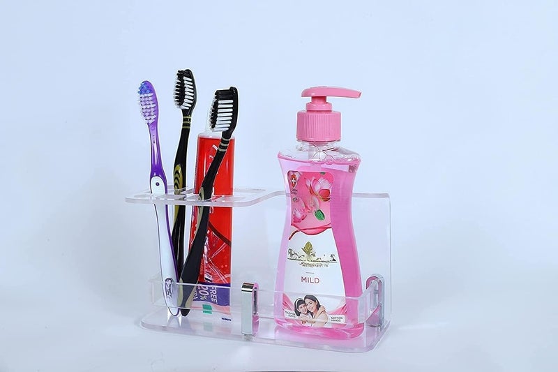 ZICOTO Wall Mounted self Adhesive Acrylic Tooth Brush Holder, Toothpaste Holder Stand, Tumbler Holder, Toothpaste for Bathroom Stand(Clear SENITIZER) - Image 1