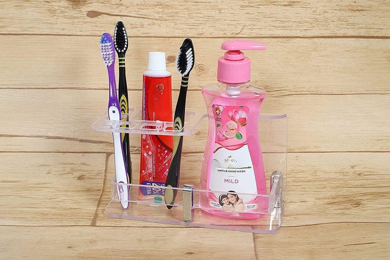 ZICOTO Wall Mounted self Adhesive Acrylic Tooth Brush Holder, Toothpaste Holder Stand, Tumbler Holder, Toothpaste for Bathroom Stand(Clear SENITIZER) - Image 4