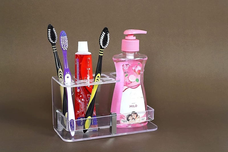 ZICOTO Wall Mounted self Adhesive Acrylic Tooth Brush Holder, Toothpaste Holder Stand, Tumbler Holder, Toothpaste for Bathroom Stand(Clear SENITIZER) - Image 3