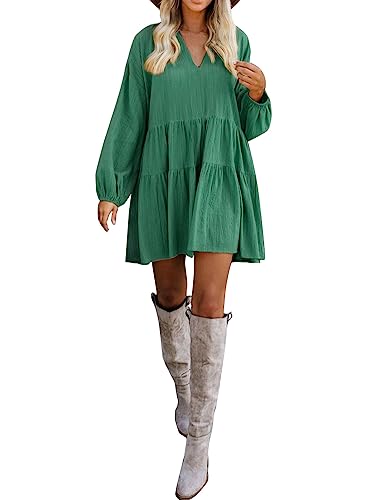 FANCYINN Women Shift Tunic Ruffle Dress Long Lantern Sleeves Babydoll V Neck Swing Mini Dark Green Cocktail St Patricks Day Dress XS - Image 3
