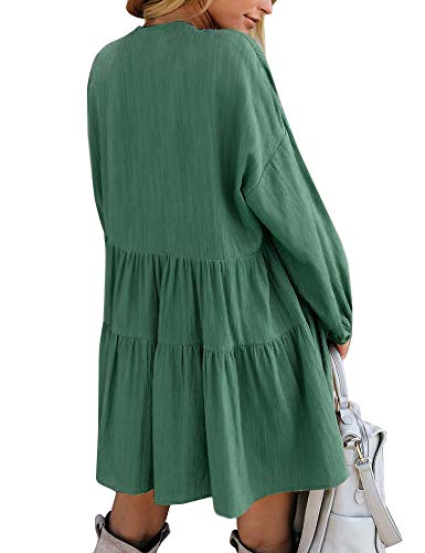 FANCYINN Women Shift Tunic Ruffle Dress Long Lantern Sleeves Babydoll V Neck Swing Mini Dark Green Cocktail St Patricks Day Dress XS - Image 2