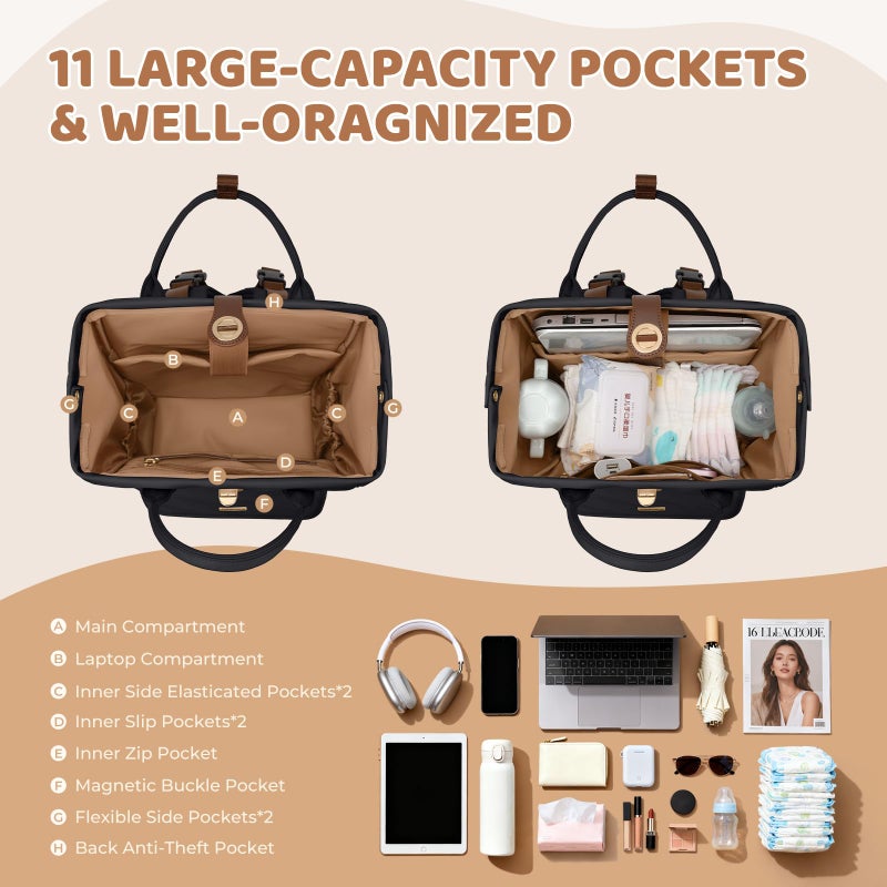 GOLF QUALITY Diaper Bag Backpack,Multi Function Water Resistant Diaper Bag With Hook,Casual Hanging diaper bag for mom,16 Inch,Black - Image 4