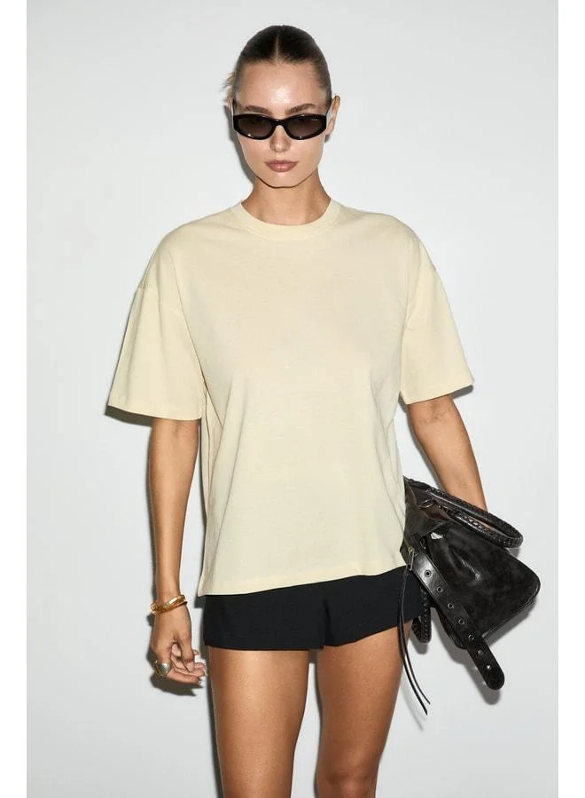 GRIMELANGE LAGERTHA Women's 100% organic cotton thick-textured oversize fit round-neck light yellow T‑shirt.