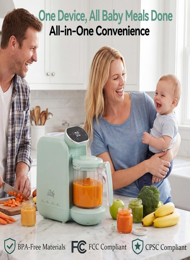 Chefhandy Baby Food Maker with Stainless Steel Steam Basket, One Step 5-in-1 Baby Food Processor Steamer Blender & Steam Cleaning, Auto Cooking, Puree & Baby Warmer with 6 Food Pouches, BPA-Free,Green - Image 3