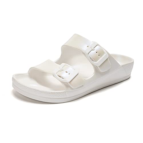 FUNKYMONKEY Women's Comfort Slides Double Buckle Adjustable EVA Flat Sandals (10 M US, Variation White) - Image 1
