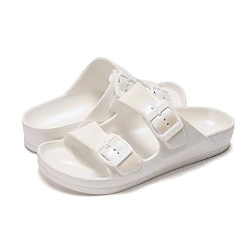 FUNKYMONKEY Women's Comfort Slides Double Buckle Adjustable EVA Flat Sandals (10 M US, Variation White) - Image 5