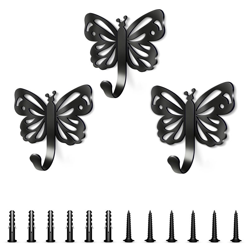 Midukit Butterfly Design Wall Hooks for Towel and Coat: 20LB Screw in Aesthetics Metal Hanger Wall Mount for Living Room, Bathroom, Kitchen, Bedroom for Coat, Bag, Scarf, Towel, Hat, Key, Cup, 3 Pack - Image 1