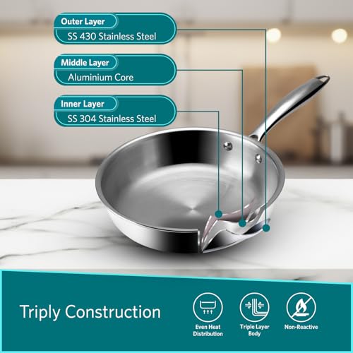 VAYA Hautechef Triply Stainless Steel Fry Pan 24cm, Fry Pan Induction Base, Tri Ply Frying Pan, Uniform Heat Distribution, Large Size for Family Cooking, 10-Year Warranty - Image 2