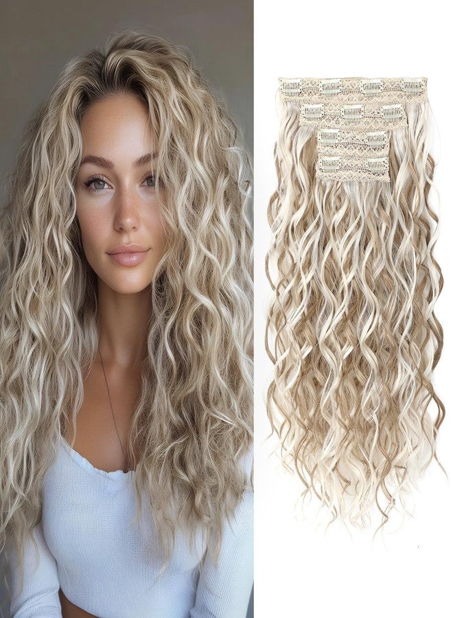 REECHO Curly Hair Extensions, 4PCS 16 inch Clip in Hair Extensions Lace Weft Short Curly Hair Extensions Clip Ins Invisible Natural Hairpieces for Women, Ash Blonde with Highlights - Image 1