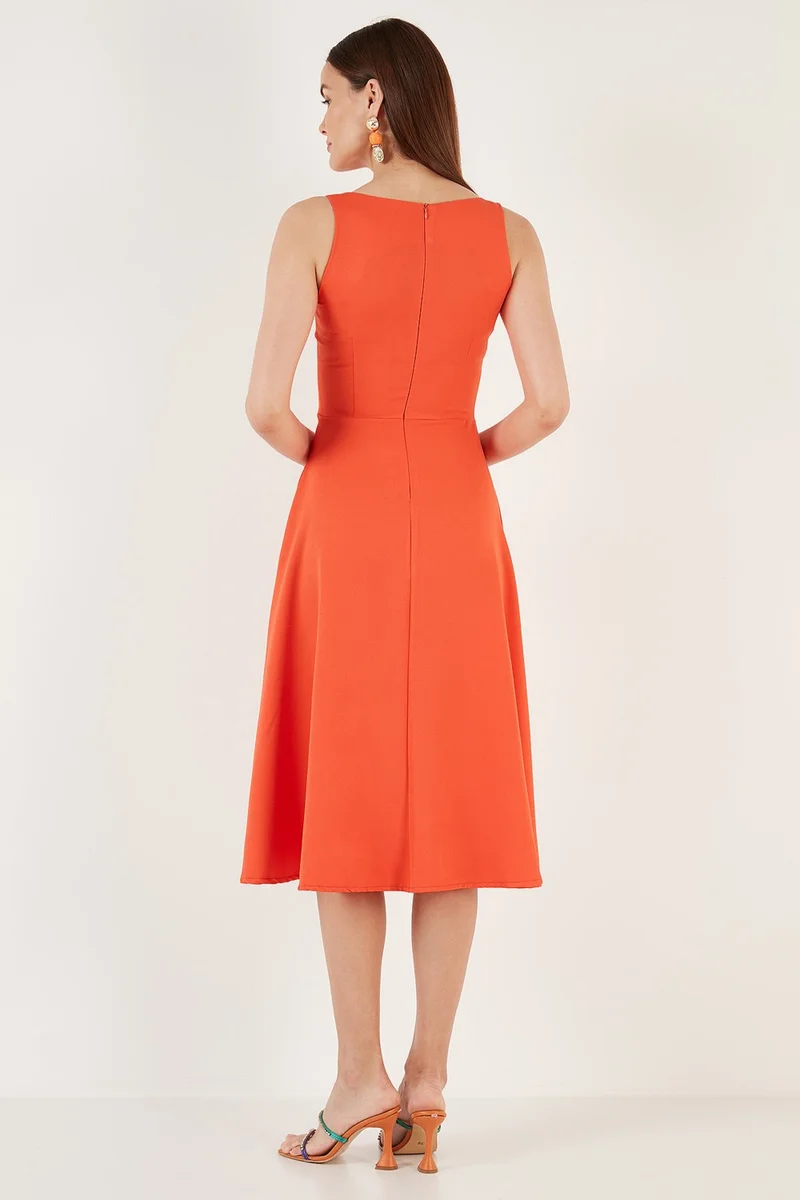 ليلا Crew Neck Pocket Pleated Midi Dress Women's Dress 6051963