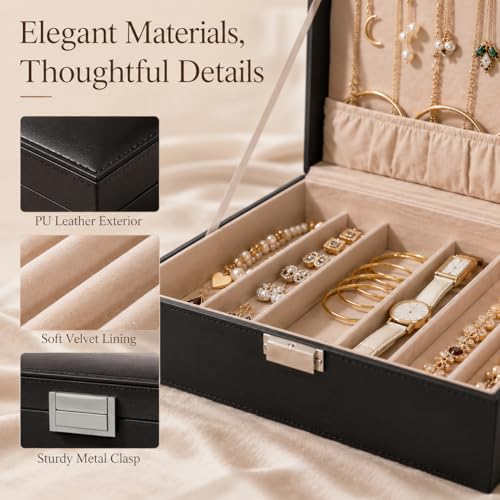 BEWISHOME Jewelry Box Organizer, 2-Layer Necklace Organizer Box, Modern Style Necklace And Bracelet Storage Case, Necklace Case for Women, Girls Mothers Day (Black SSH31B) - Image 5