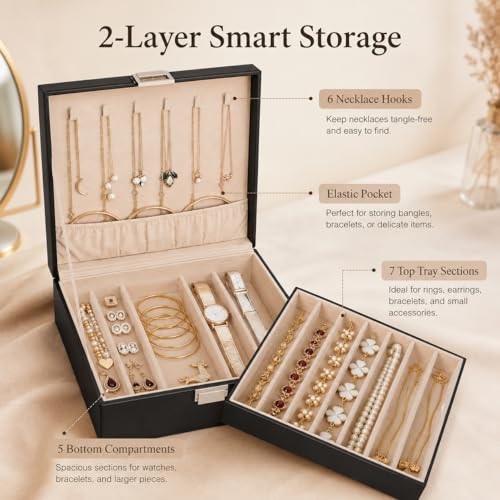 BEWISHOME Jewelry Box Organizer, 2-Layer Necklace Organizer Box, Modern Style Necklace And Bracelet Storage Case, Necklace Case for Women, Girls Mothers Day (Black SSH31B) - Image 4