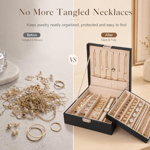 BEWISHOME Jewelry Box Organizer, 2-Layer Necklace Organizer Box, Modern Style Necklace And Bracelet Storage Case, Necklace Case for Women, Girls Mothers Day (Black SSH31B) - Image 2