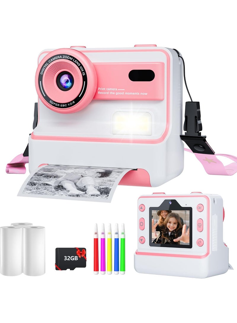 Kids Camera Instant Print for Girls Boys Age 3-12 Kids Toys, 1080P, Christmas Birthday Gifts for 4 5 6 7 8 9 10 Year Old Girls, Toddler Camera Girls Toys with 32GB Card