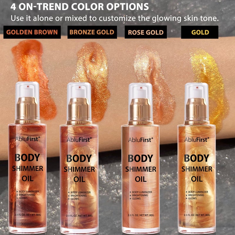 AbluFirst 4 Colors Shimmer Body Oil Face Glitter Summer Body Moisturizing Light Shimmering Glow Non-Sticky Party Luminizer and Illuminator Smooth (3.38 Fl Oz Pack of 1, Rose Gold) - Image 5