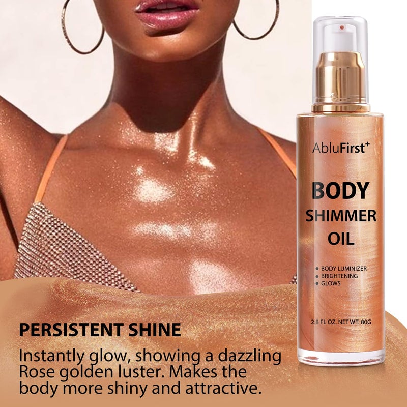 AbluFirst 4 Colors Shimmer Body Oil Face Glitter Summer Body Moisturizing Light Shimmering Glow Non-Sticky Party Luminizer and Illuminator Smooth (3.38 Fl Oz Pack of 1, Rose Gold) - Image 3