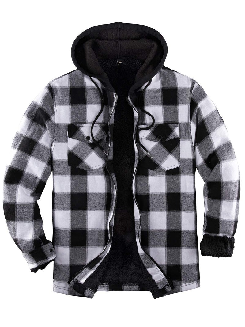 ZENTHACE Mens Sherpa Lined Full Zip Hooded Plaid Shirt Jacket BlackGrey L