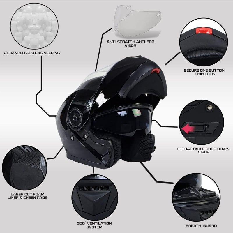 Milwaukee Helmets MPH9815DOT 'Breeze' Gloss Black Advanced Motorcycle Modular Helmet with Drop Down Visor - X-Small - Image 2